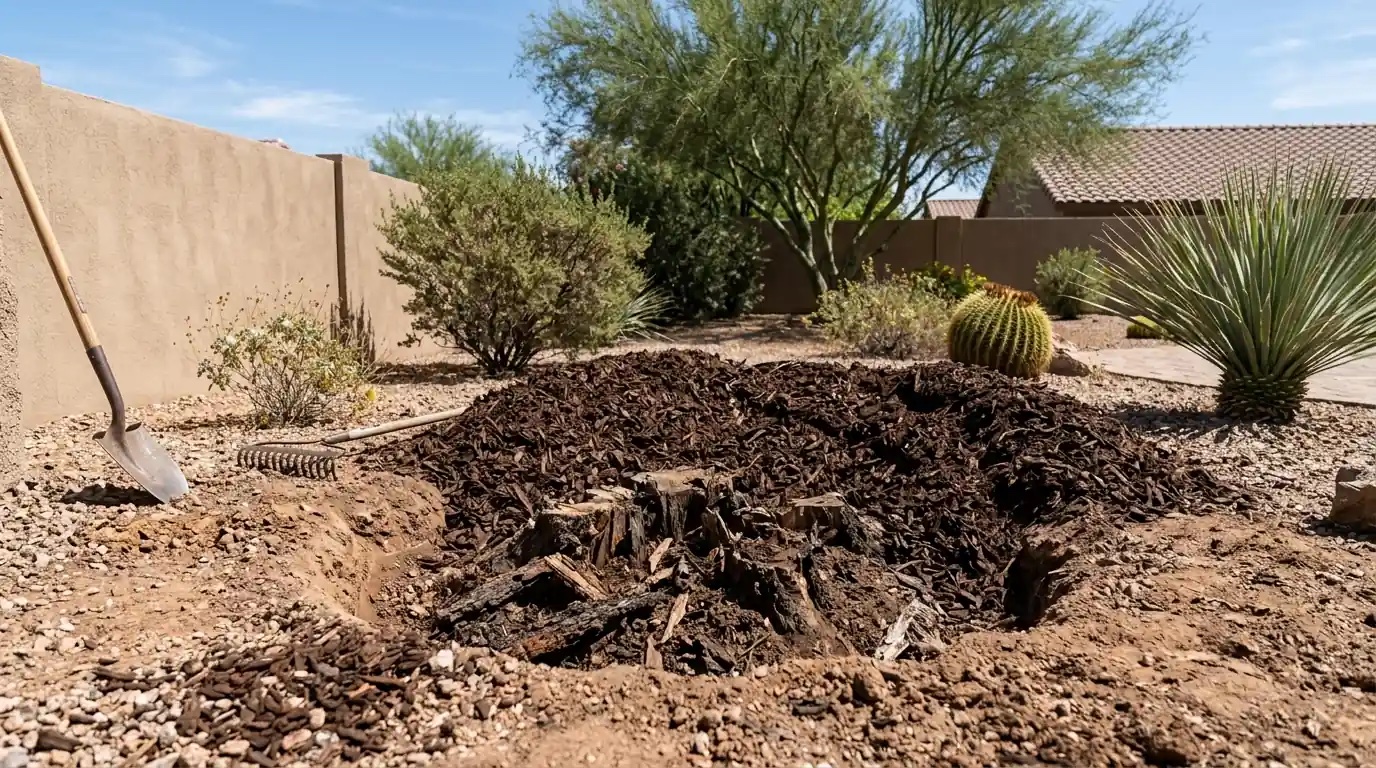 Clean desert gravel yard after deep stump grinding and root removal